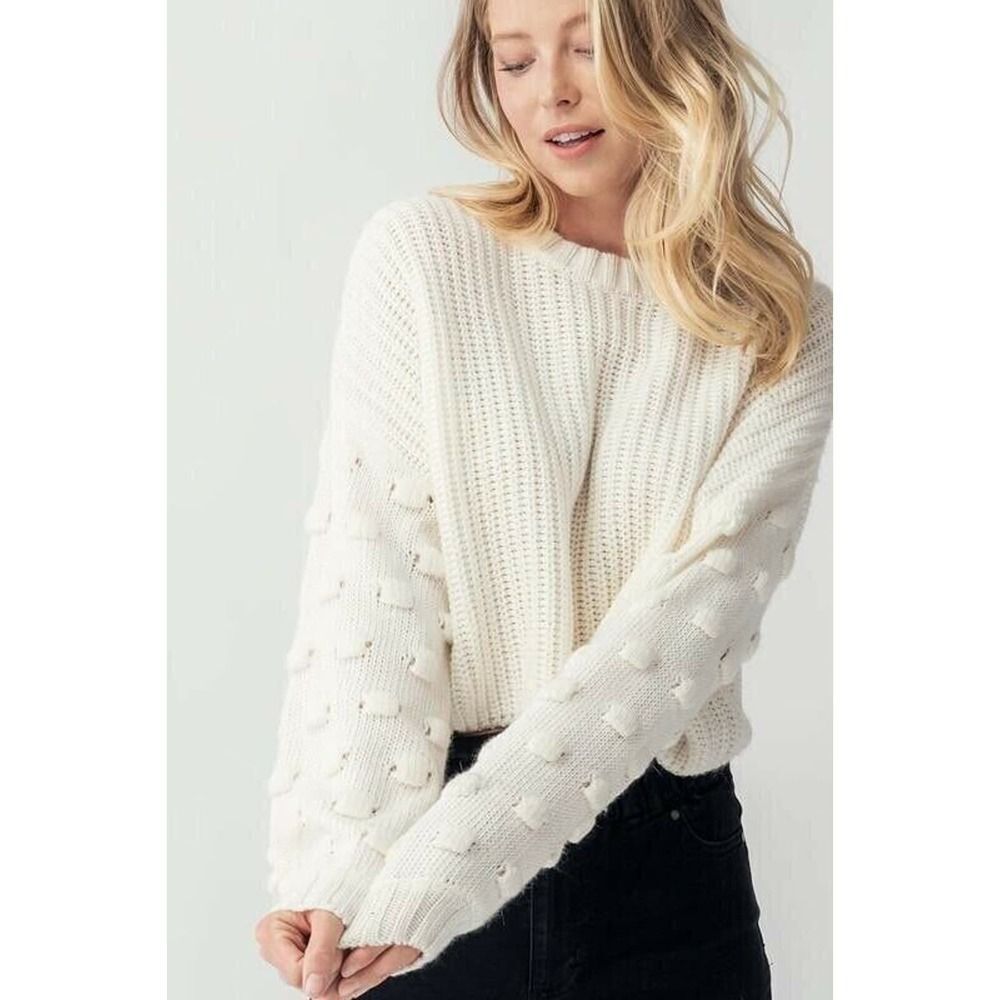MOON & MADISON Anthropologie Ivory White Chunky Knit Balloon Sleeve Sweater M